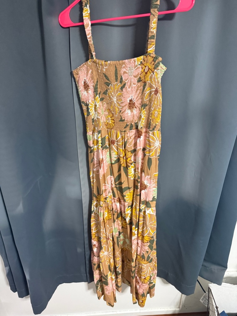 ROXY Floral Smocked Maxi Dress in Brown, Pink and Yellow